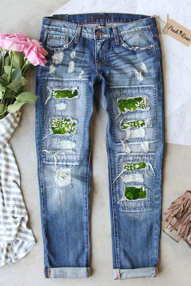 Casual Green Shamrocks with Flowers Ripped Denim Jeans