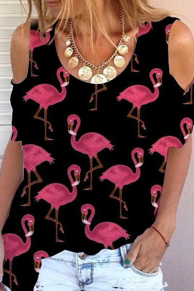 Pink Flamingos Black Cold Shoulder T-shirt