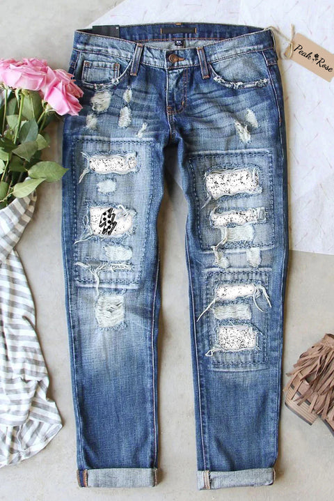 Soccer Lightening Print Ripped Denim Jeans