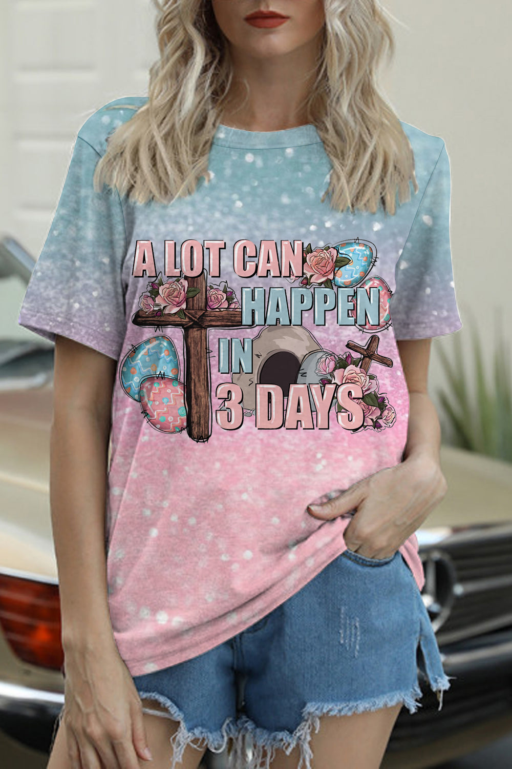 A Lot Can Happy In 3 Days Easter Eggs Round Neck T-shirt