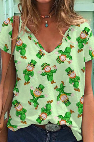 Cute Green Ireland Leprechauns Printed V-neck T-shirt