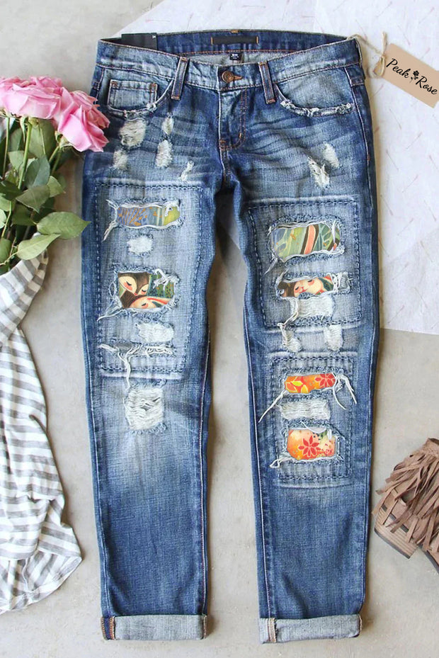 Happy Easter Day Bunnies Floral Printed Ripped Denim Jeans