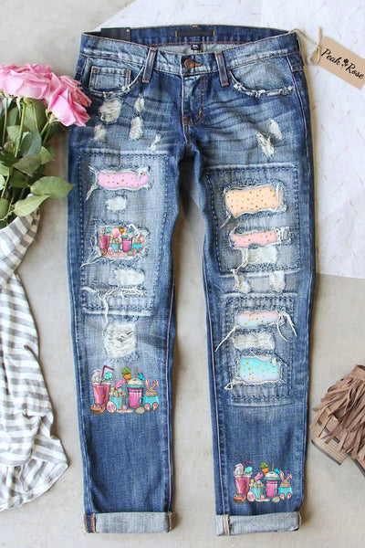 Happy Easter Day Bunnies Cup Pink Blue Ripped Denim Jeans