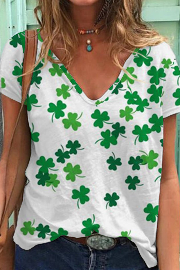 Casual Lucky Green Shamrocks Printed V-neck T-shirt