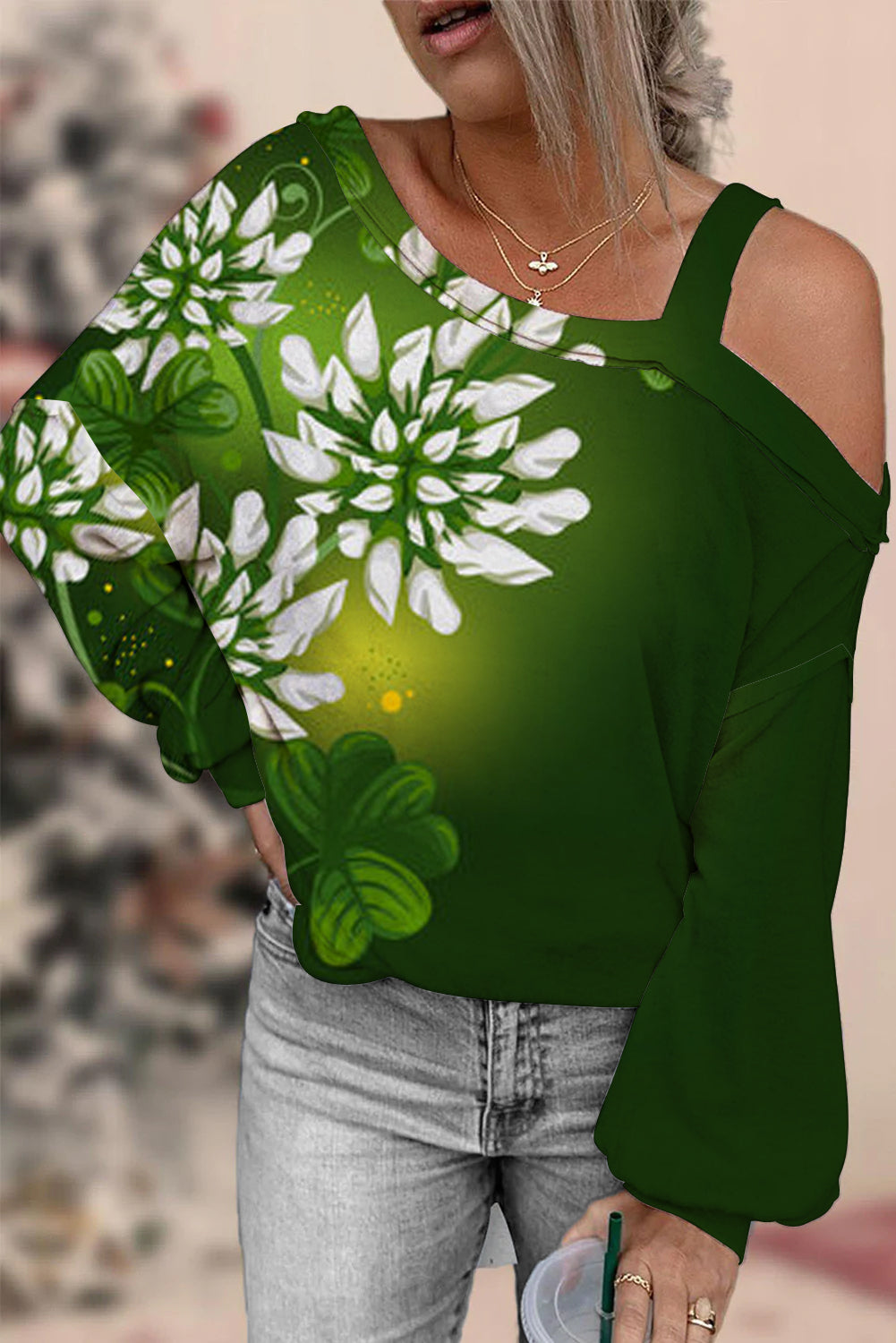 Casual Green Shamrocks with Flowers Off-shoulder Blouse