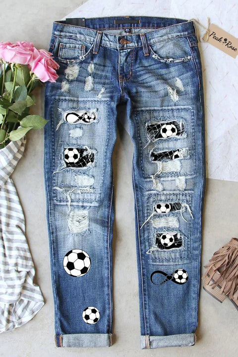 Soccer Heart Print Ripped Denim Jeans