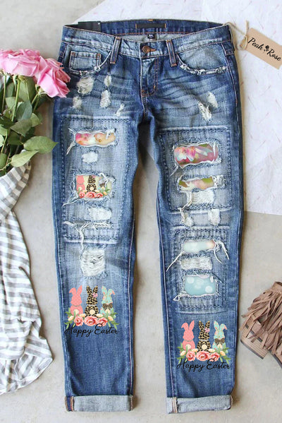 Happy Easter Polka Leopard Floral Bunnies Ripped Denim Jeans