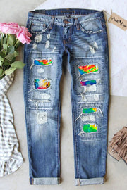 Soccer Tie Dye Print Ripped Denim Jeans