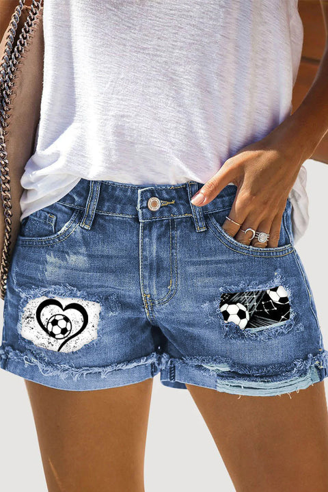 Love Soccer Print Ripped Denim Shorts