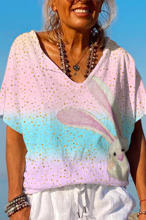 Glitter Pink Blue Easter Day Bunny Dolman Sleeves Tee