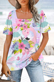 Cute Floral Flamingo Pink Square Neck T-Shirt