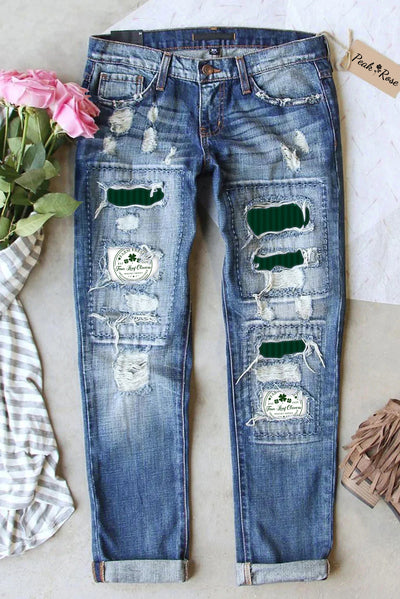 Farm Fresh Four Leaf Clovers Est 1929 Ripped Denim Jeans