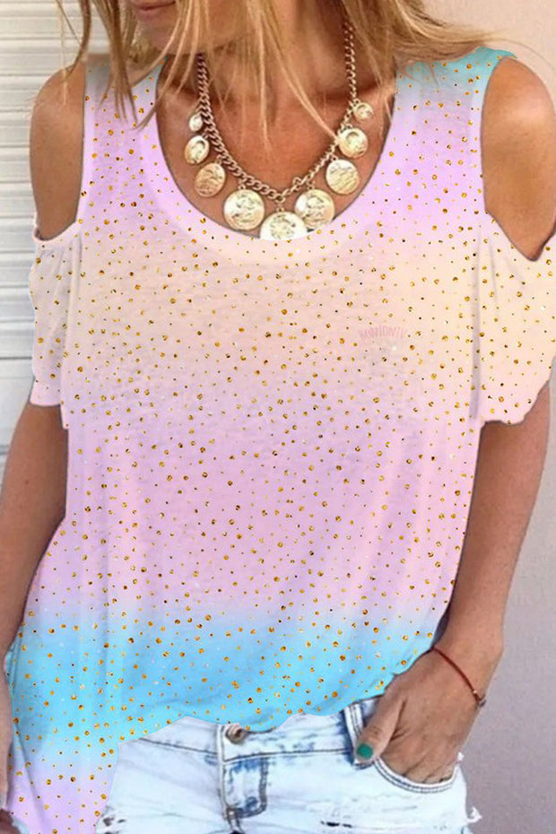 Spring/Summer Cute Pink Blue Ombre Glitter Cold Shoulder T-Shirt