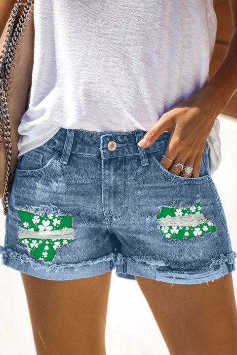 Casual Irish Shamrocks Printed Denim Shorts