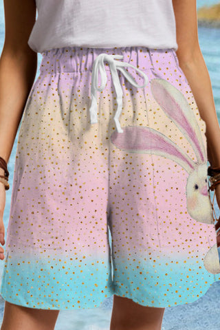 Glitter Pink Blue Easter Day Bunny Drawstring Waist Casual Shorts