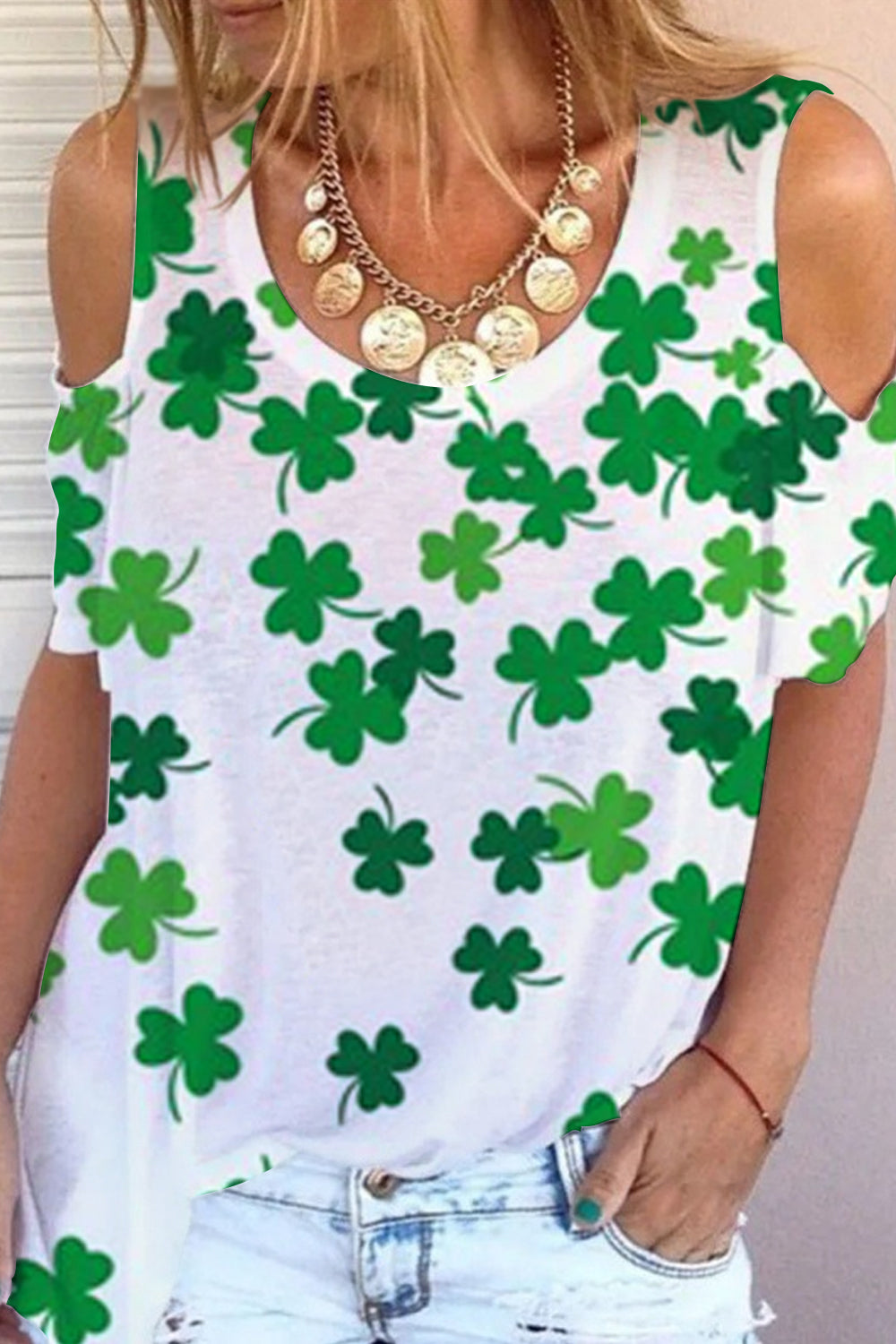 Casual Lucky Green Shamrocks Printed Cold Shoulder T-Shirt