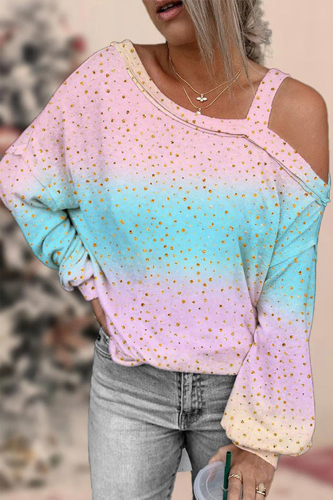 Spring/Summer Cute Pink Blue Ombre Glitter Off Shoulder Blouse