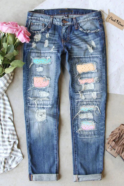 Spring/Summer Cute Pink Blue Ombre Glitter Ripped Denim Jeans