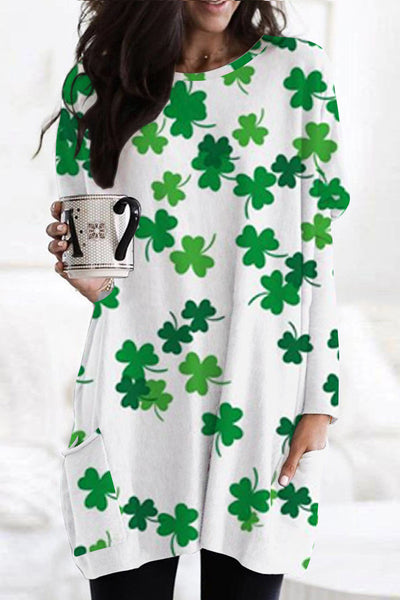 Casual Lucky Green Shamrocks Printed Tunic with Pockets