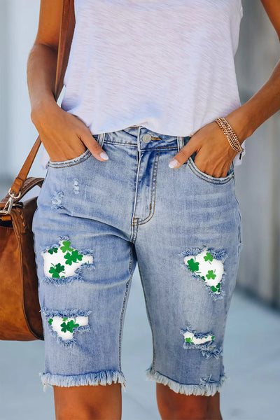 Casual Lucky Green Shamrocks Printed Bermuda Denim Shorts
