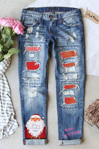 Black Santa With Glasses Print Jeans