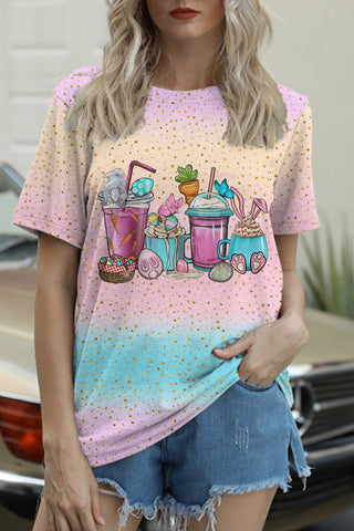 Happy Easter Day Bunnies Cup Pink Blue Round Neck T-shirt