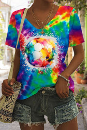 Soccer Tie Dye Print Tie-Dye V Neck T-shirt