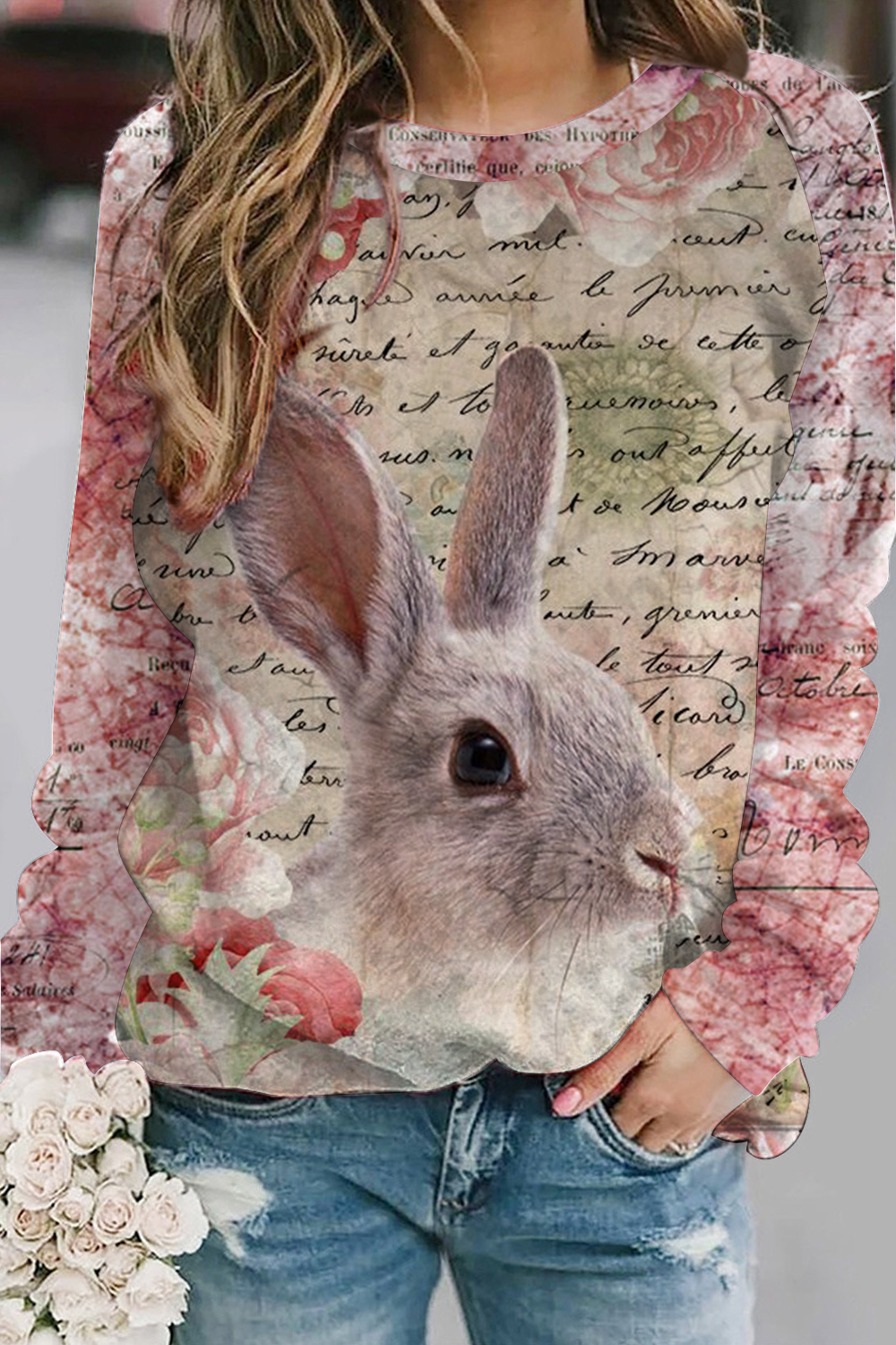 Vintage Poster & Easter Bunny Print Sweatshirt