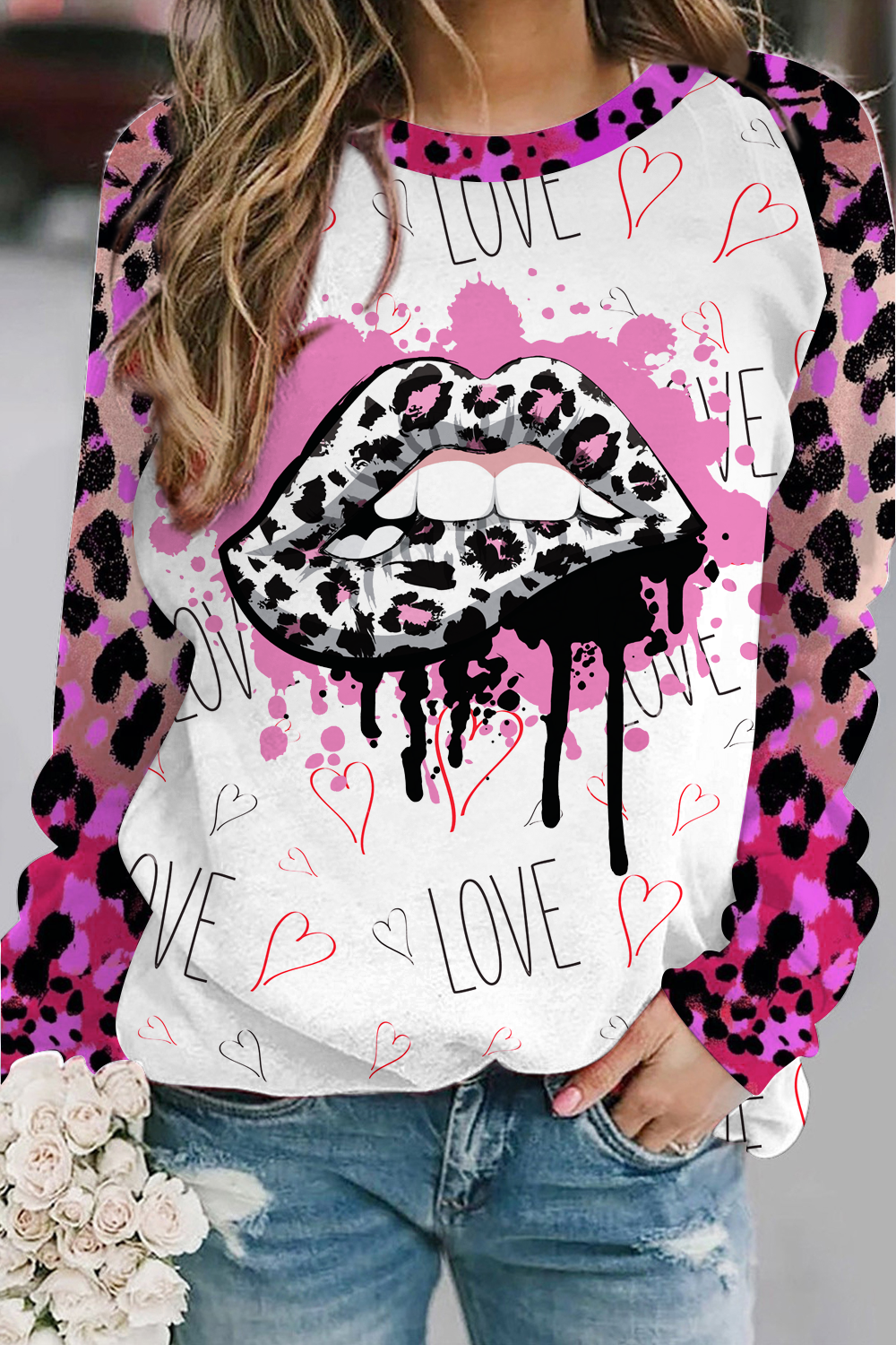 Pink Leopard Print Lips Sweatshirt