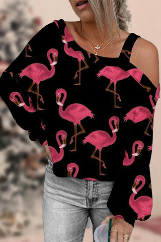 Pink Flamingos Black Off-shoulder Blouse