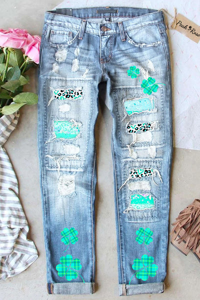 Lucky Shamrocks Leopard Plaid Denim Jeans