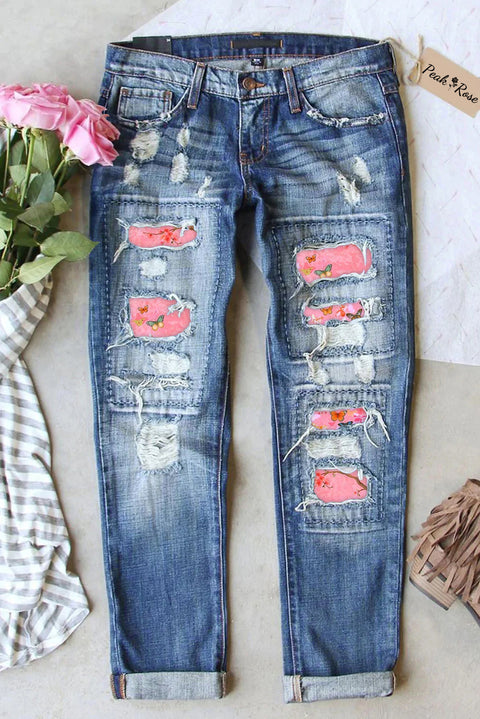 Butterflies Pink Ripped Denim Jeans