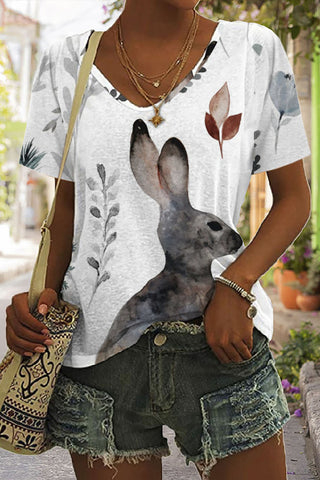 Easter Day Woodland Bunnies Floral Rabbits V Neck Short Sleeve T-shirt
