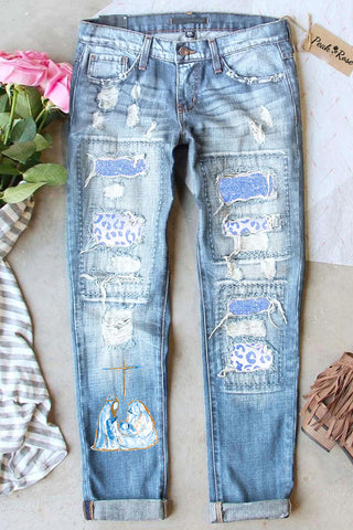Christmas The True Story Nativity Ripped Jeans
