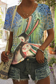 Happy Easter Day Bunnies Floral Printed V-neck T-shirt