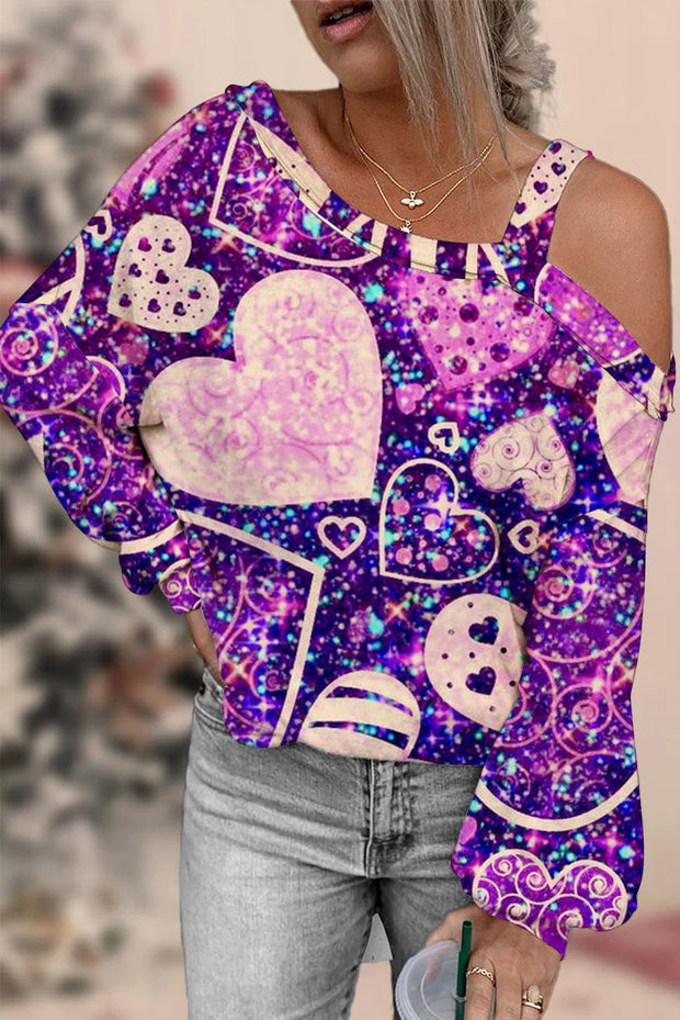 Purple Glitter Love Heart Off-shoulder Blouse