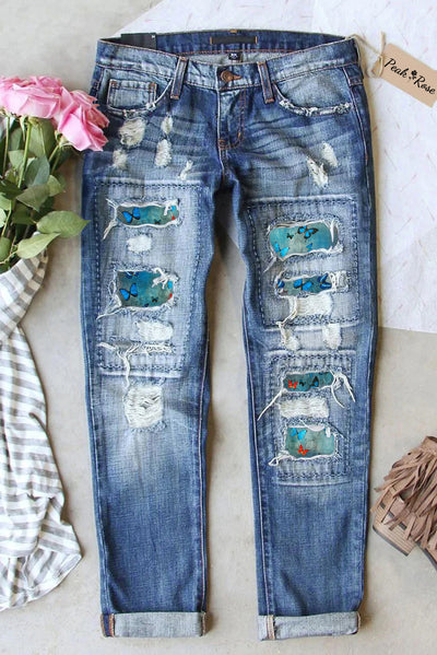 Butterflies Blue Ripped Denim Jeans