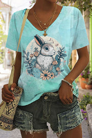 Happy Easter Day Bunny Floral Print V-neck T-shirt