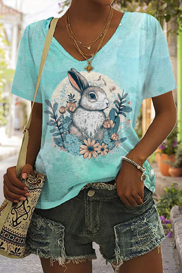 Happy Easter Day Bunny Floral Print V-neck T-shirt