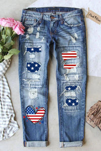 America Flag Heart-Shape Graphic Casual Mid Waist Ripped Jeans