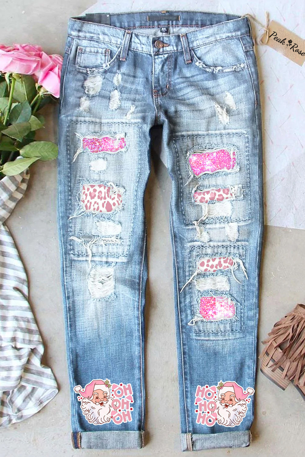 Rosa hellblaue Hoho-Jeans mit Leopardenmuster