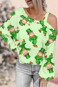 Cute Green Ireland Leprechauns Printed Off-shoulder Blouse