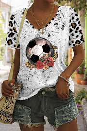 Soccer Rose Leopard Print Tie-Dye V Neck T-shirt