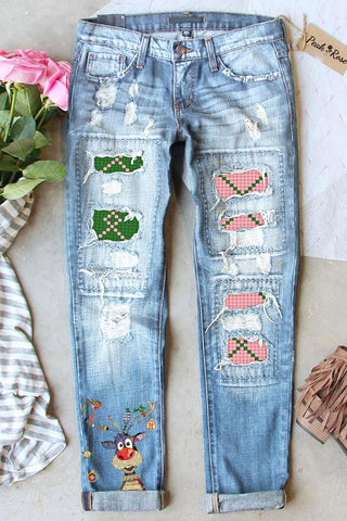 Print Moose Ripped Jeans