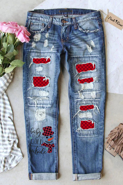 Baby Is Cold Outside Print Ripped Jeans