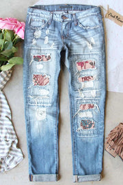 Fashion Flower And Leaf Print Pink Vintage Light Blue Jeans