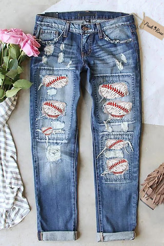 Baseball Fashion Straight Ripped Denim Jeans