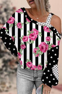 Rose Pattern Stripe Print Off-shoulder Blouse