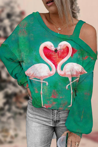 Flamingos Print Green Off-shoulder Blouse
