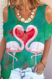 Flamingos Print Green Cold Shoulder T-shirt